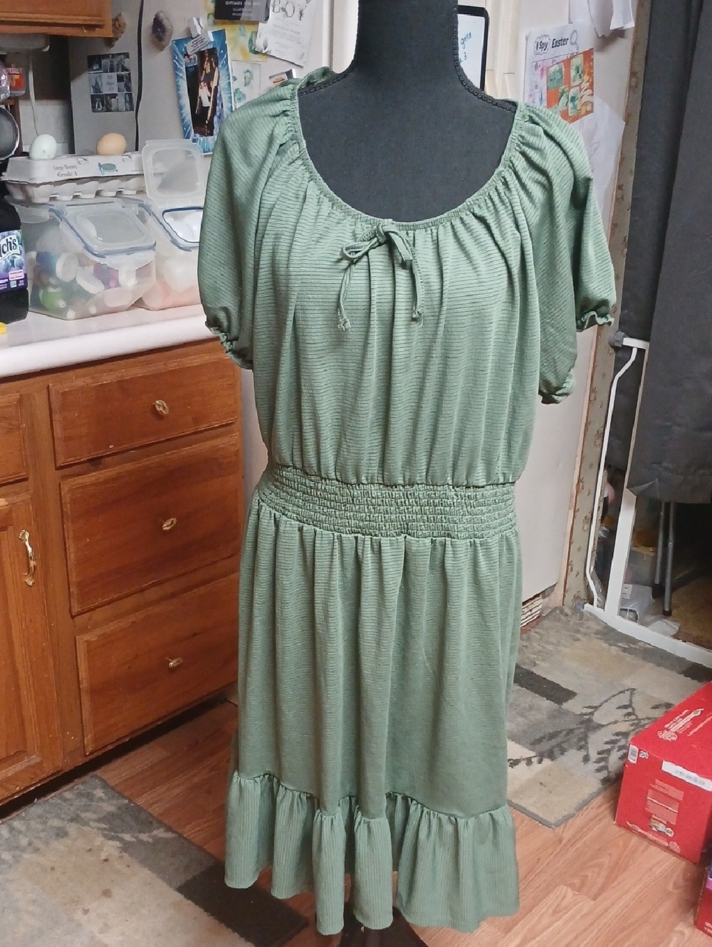 Smocked Waist Midi Dress in Sage Green with Tie Neck